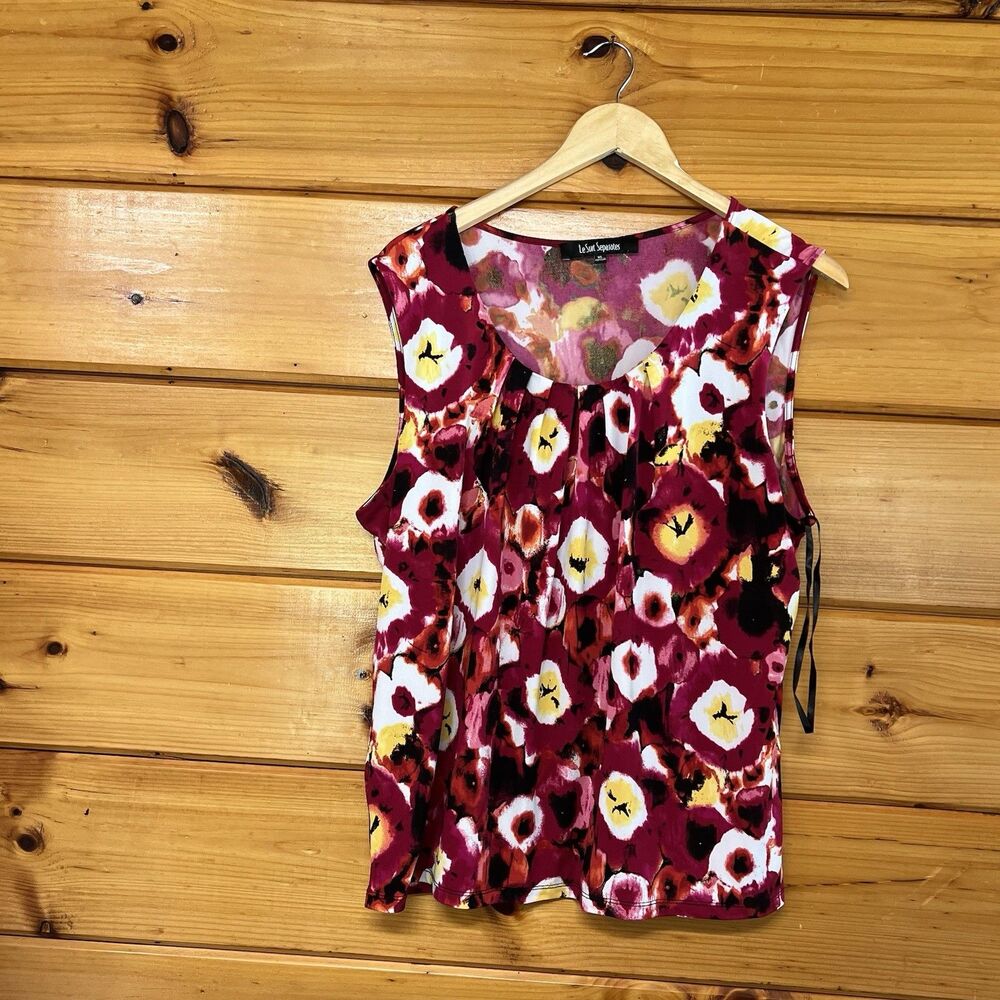 Le Suit Tank Top Sleeveless Blouse Floral Black Size XL Stretchy Summer Preppy